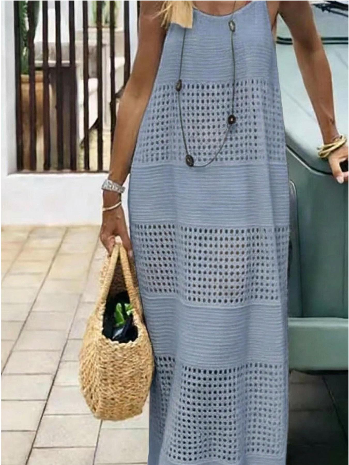 Women's Hollow Backless Vest Top, Lace-Up Design, Casual Knitted Long Dress Sweater, Pure Color, Spring, Fashionable and Comfortable