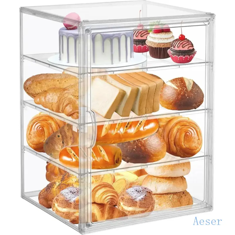 Large Size 4-Stacked Adjustable Transparent Bread Storage Container - Portable Shelf, Modular Kitchen Utensils, Modern & Plastic Resin Food Storage for Home Kitchen Countertop, Pastry Preservation