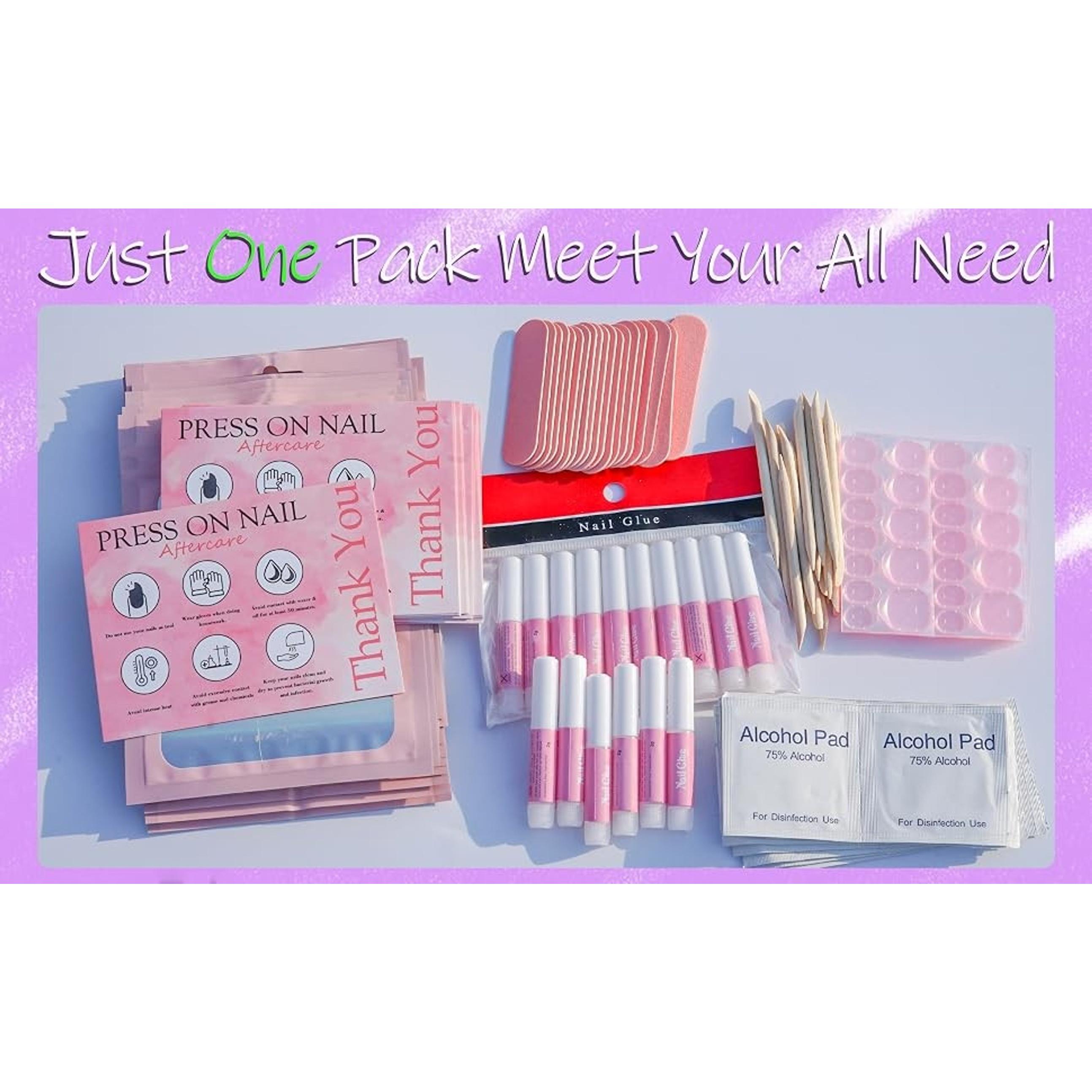 Disposable Nail Supplies Kit, Professional Manicure Press-On Nail Tool Set with Nail File, Adhesive Tabs, Nail Glue, Sticks, Prep Pads, Bags, and Cards for Nail Business (140pcs, 20 Sets, Pink)Gift