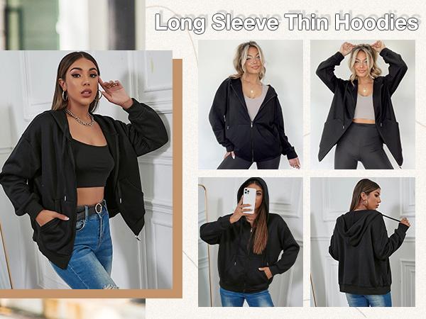 Women's Lightweight Hoodies Full Zip Up Oversized Sweatshirts with Pockets Long Sleeve Thin Casual Hooded Jackets