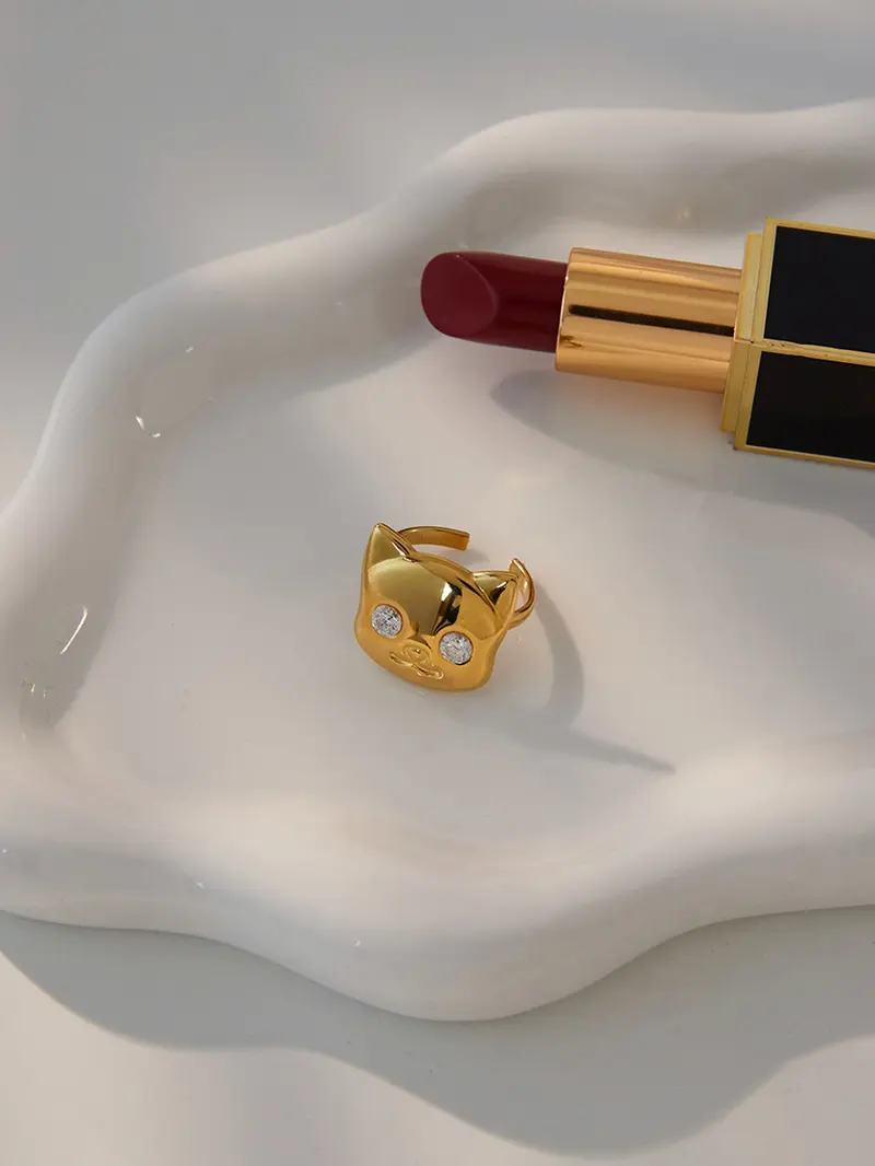 Classic 18K Plated Gold Color Cat Dog Shape Adjustable Open Ring Elegant Fashion Rings With White Zircon Stainless Steel Rings Jewelry