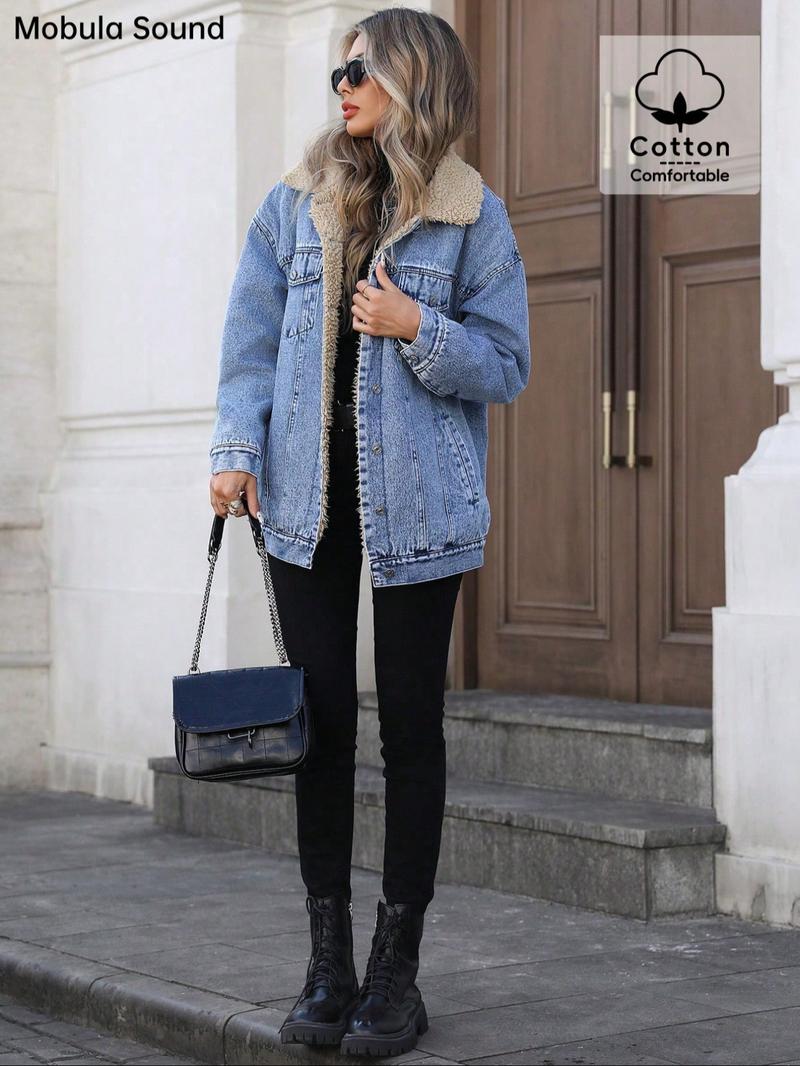 Women's New Fleece Lined Denim Jacket, Trendy Fashion Washed Jean Coat, Casual Comfortable Fit, Zipper Fly, Fall & Winter Wear, Zip Front Jacket