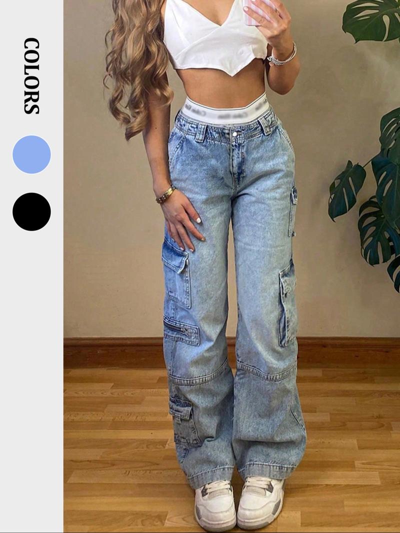 NVFelix Cargo Jeans Women Straight Leg Side Zipper Pockets Y2K Denim Pants