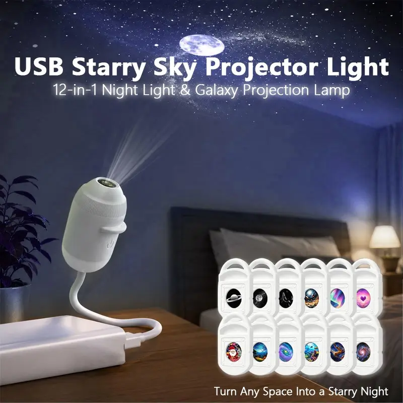 1 Set 2-in-1 Projector Night Light,5D Holographic Night Light Projector,starry sky projection night light,USB Powered,Plug and Play,LED Starry Sky Projector 360 Rotation with Films, for Bedroom,Gaming Room,Car Decor, Starlights