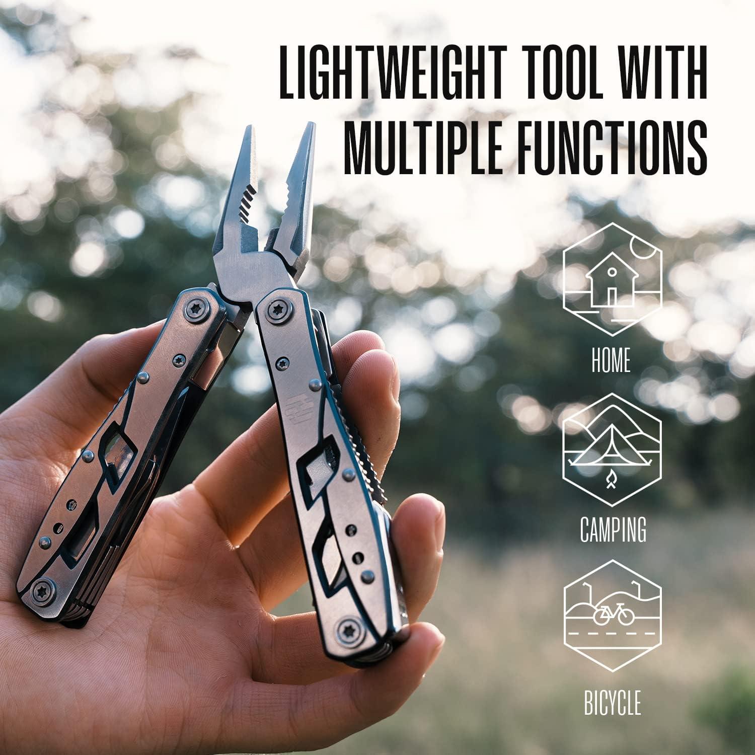12-in-1 Stainless Steel Pocket-Size Plier Multitool with Safety Lock, 1-Handed EDC Gear, Durable 12-in-1 Multitools & Accessories for Camping Survival