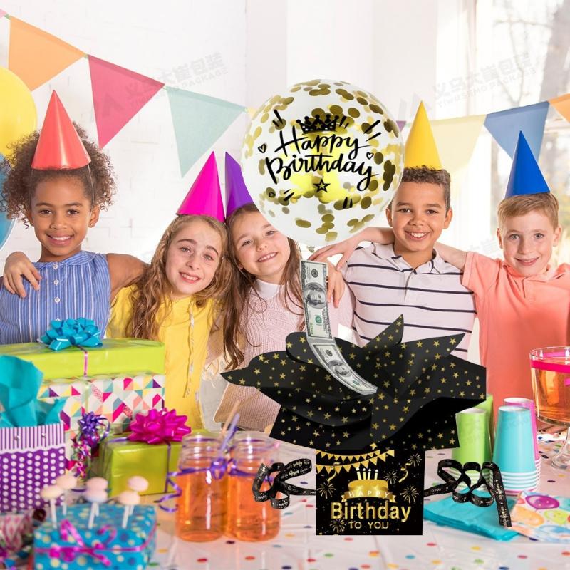 Birthday Money-Extracting Balloon Gift Box, Black And Gold Surprise Money-Extracting Gift Box, Includes Happy Birthday Card And Transparent Bag, Birthday Party Supplies, Money-Extracting Money Box, Birthday Party Decoration Gift Box