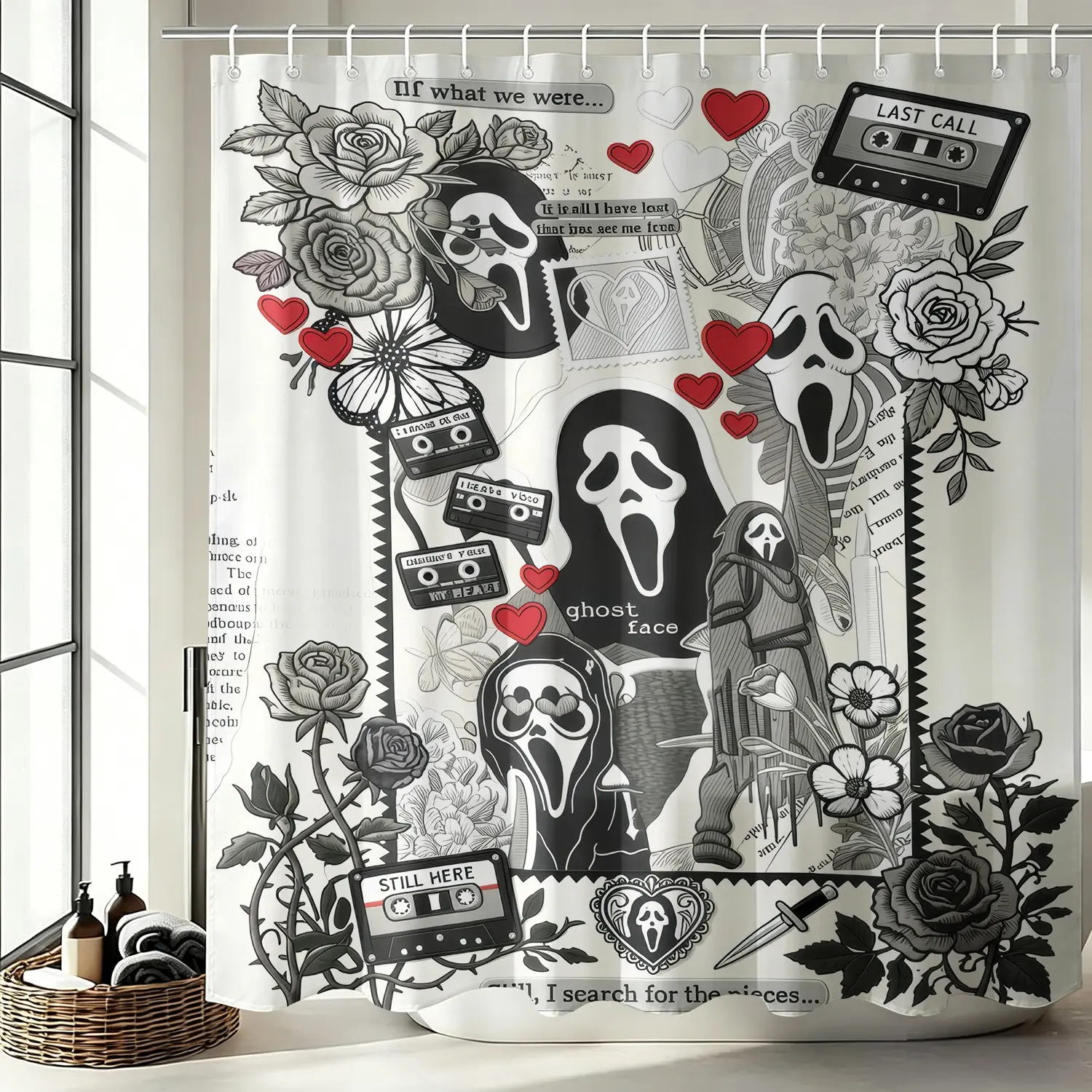 Monochrome Goth Rose Ghostface Collage Style Shower Curtain-Waterproof Anti-Mold Oxford Fabric 72 Inch 12 Hooks-No-Drill Easy Install-Privacy Bath Curtain-Ideal for Home/Dorm/Movie Fans Bathroom Decor