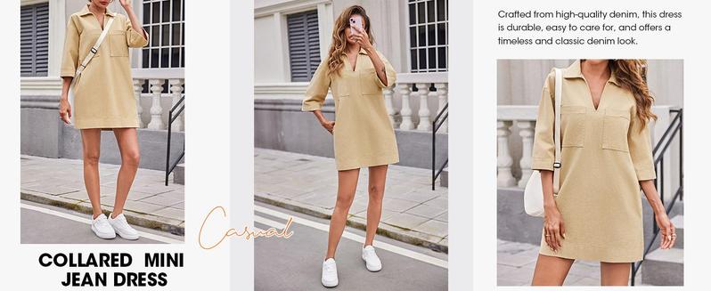 FMEYOA Womens Denim Shirt Dress Summer Collared V Neck Mini Casual Jean Dresses with Pockets