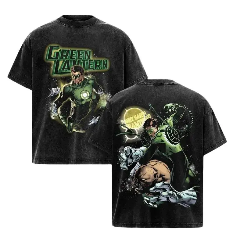 Vintage Oversized Green Lantern Graphic T-Shirt Retro Comic Book 100% Heavyweight Cotton Washed Tee Superhero Streetwear Acid Wash Unisex Y2K Aesthetic Apparel Mens Womens Casual Top Hal Jordan Planet Earth Graphic Faded Grunge Gym Pump Cover Tee
