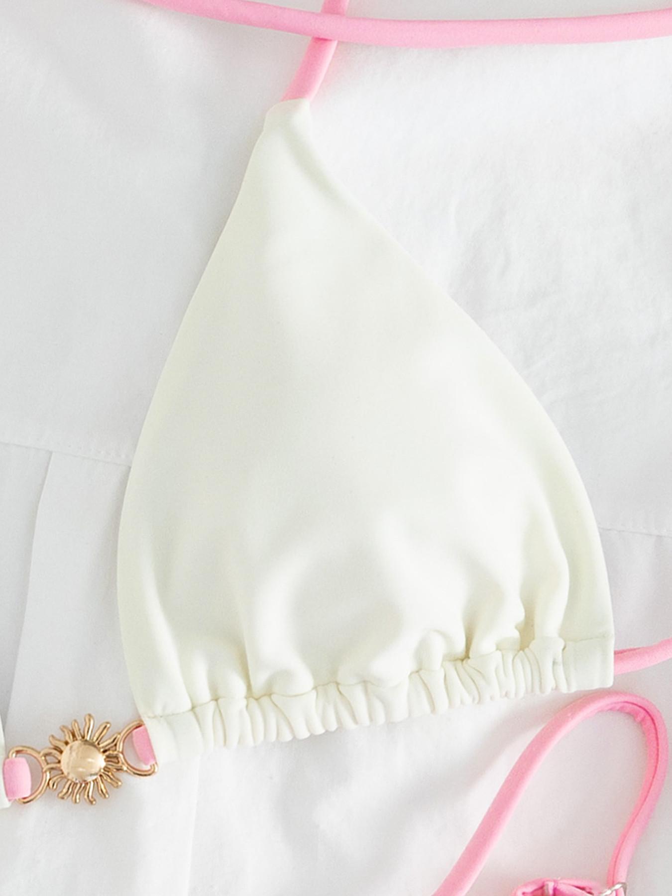 Women's Sexy Swimwear Set, Block, Metal Decoration Front Back Straps, Adjustable Side Tie Triangle Bottoms, Solid Bikinis