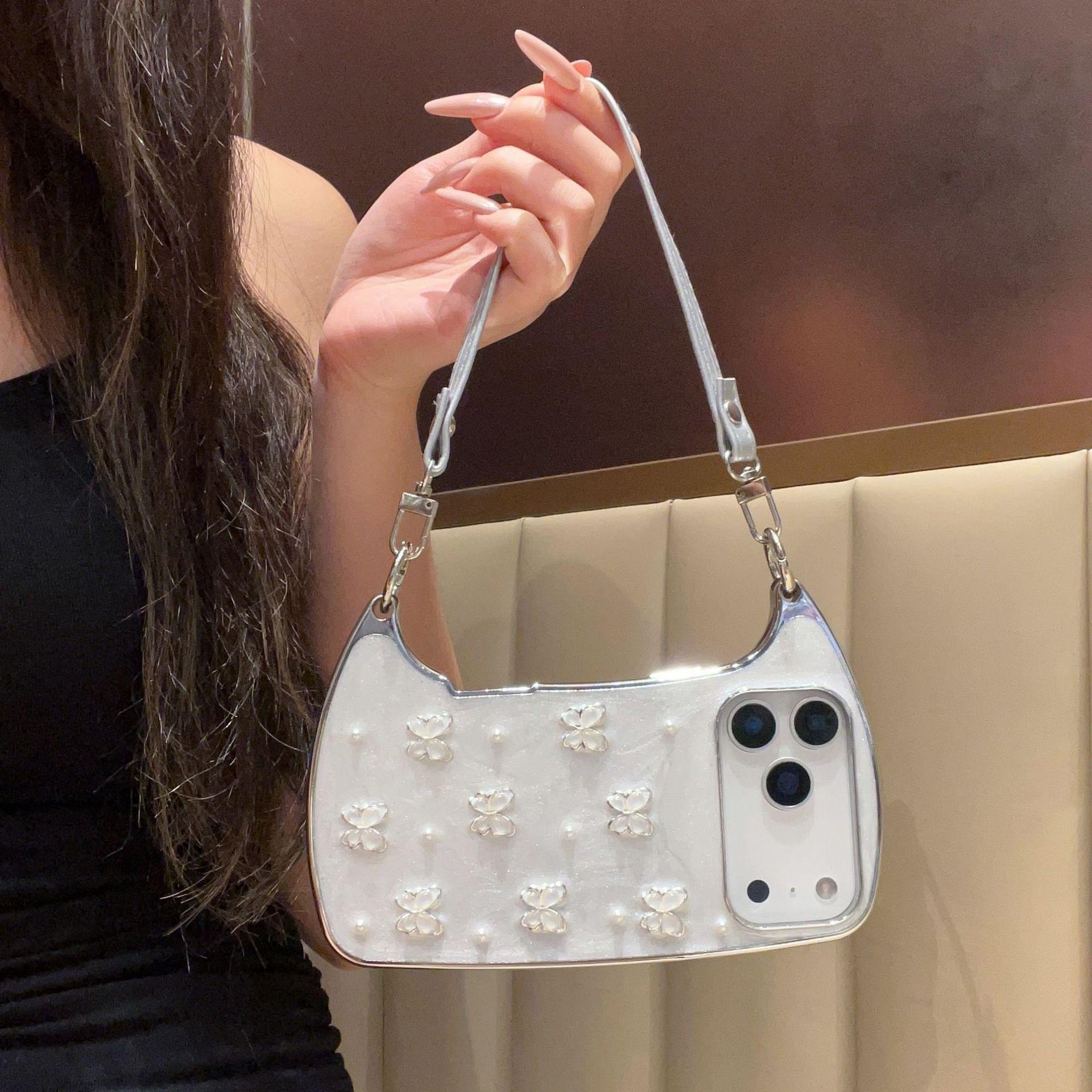 (Case & Nova) Luxury Drip Glaze Mini Handbag-Shape Chrome Case, Electroplated Frame, Pearl Butterfly Decor, Detachable Strap/Wrist Strap, Anti-Drop Shockproof Slim Hard Cover for iPhone 17 Pro Max,16,15,14,13,12,11 Cute Mobile Phone Accessory, Silicone Sh