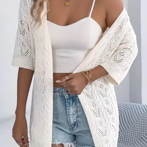 Women's Summer Casual Loose Fit Knit Cardigan Knitwear, Multicolor Hollow Out Beach Style, Large Size Open Front Jacket, Knit Outerwear, Fashionable and Comfortable, Elegant Casual Knitwear