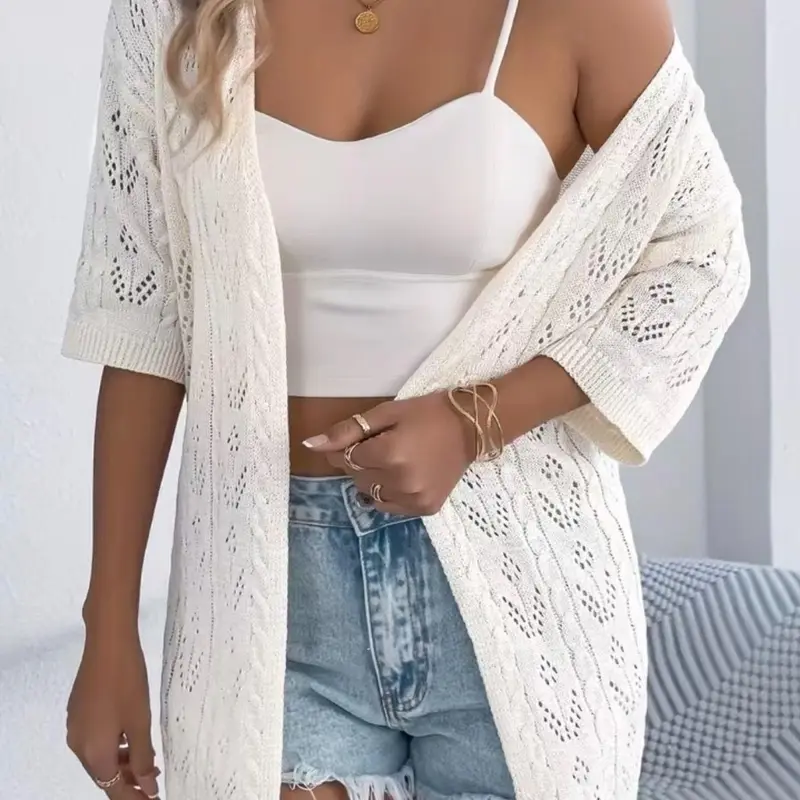 Women's Summer Casual Loose Fit Knit Cardigan Knitwear, Multicolor Hollow Out Beach Style, Large Size Open Front Jacket, Knit Outerwear, Fashionable and Comfortable, Elegant Casual Knitwear