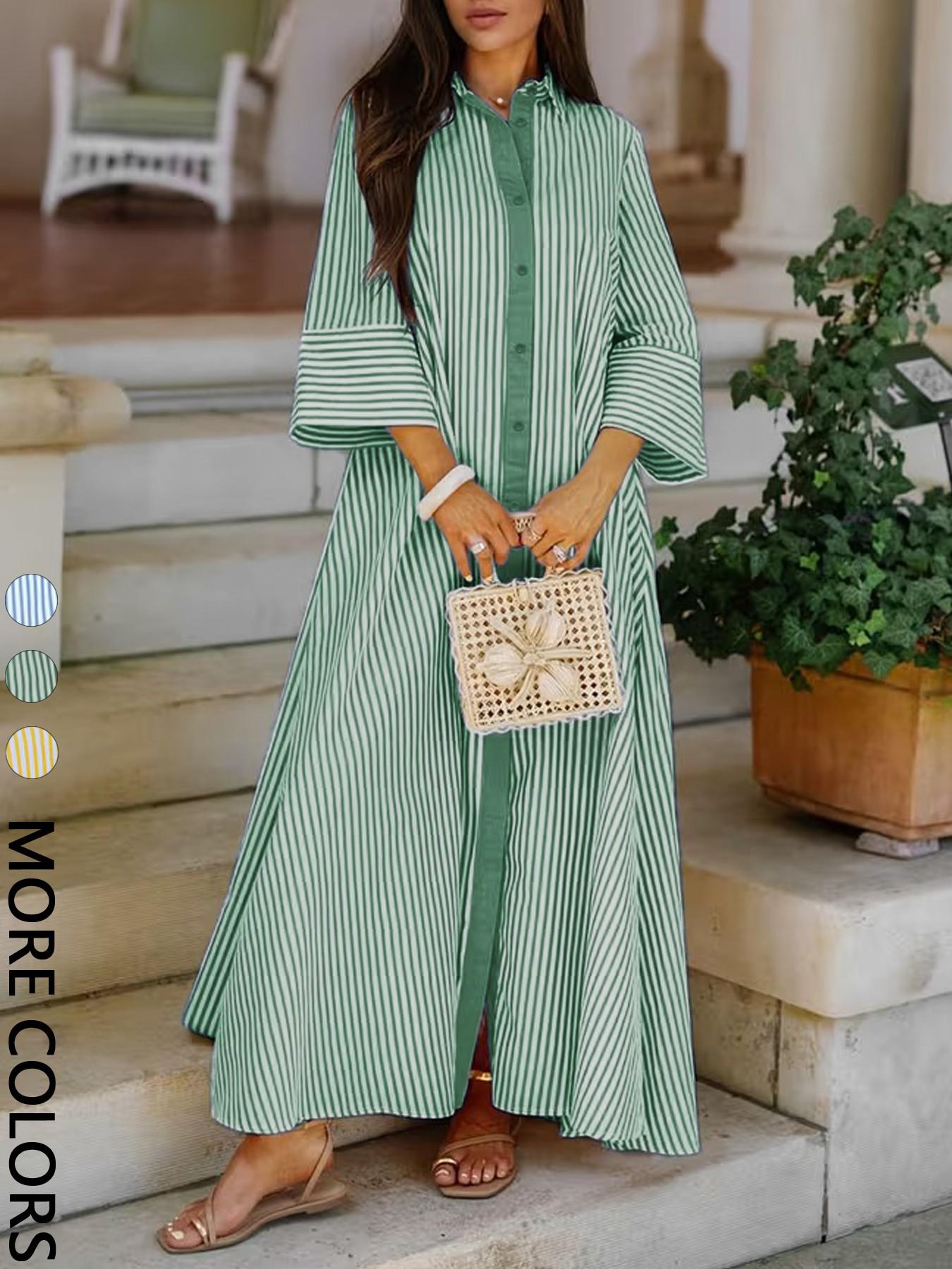 Elegant Women's Loose Collared Button Front Striped Shirt Dress, Perfect for Office and Casual Occasions, Stylish and Comfortable Spring Wear, Boho Summer Dresses Style Womenswear, Chic Dress