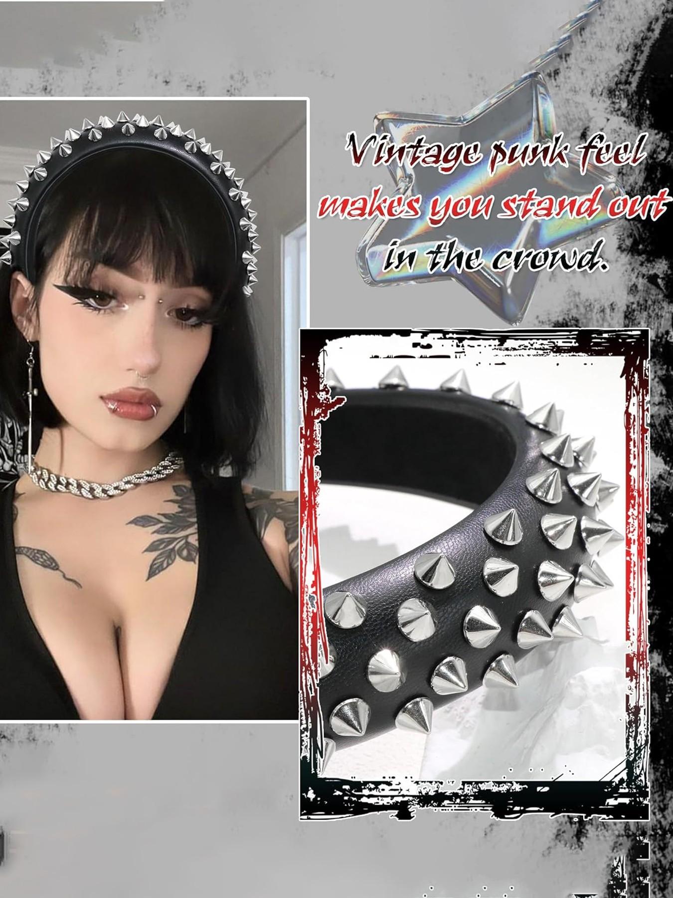 Spike Headband Punk Leather Studded Hair Band, Gothic Rock Roll Hair Hoops, Valentine's Day Cosplay Accessory, Women and Girls