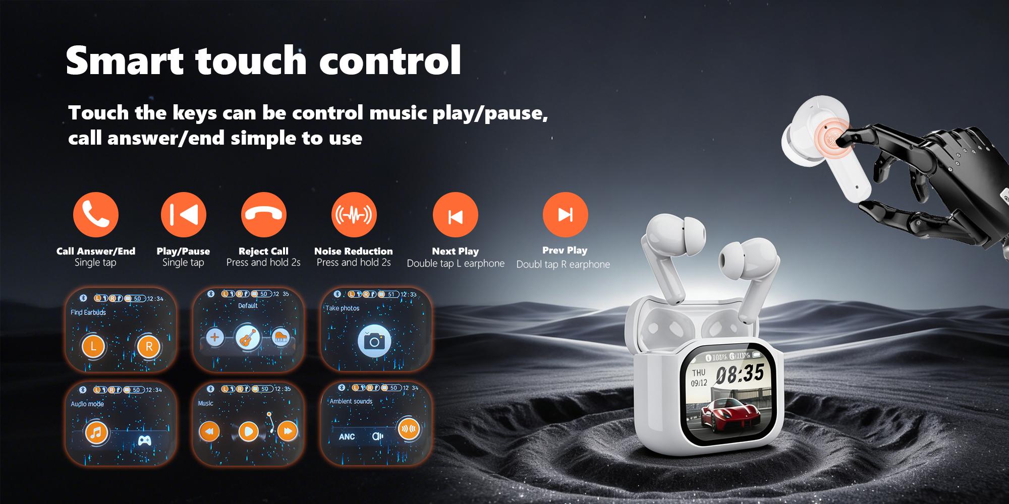 Wireless Bluetooth Earphones,LED Touch Screen,ANC Noise Cancelling,Charging Box,Built in Mic & Speakers,Touch & Voice Control,Suitable for Office,Sports,Study