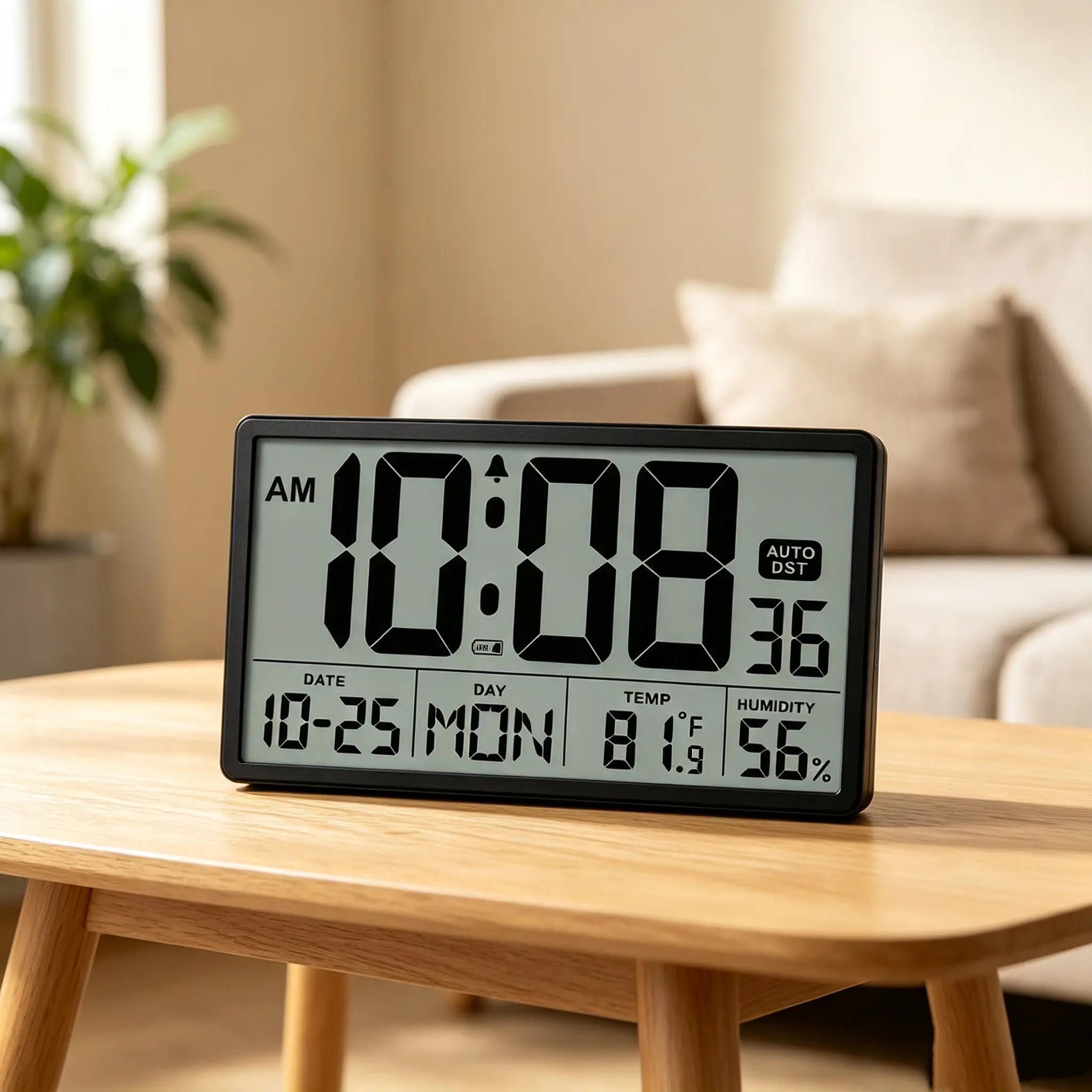 8-in Large Display Plastic LED Digital Wall Clock, Jumbo Visible LCD Numbers, Automatic DST Adjustment, Temperature & Date Display, Battery-Powered Home Decor for Office-Warehouse (Black/White)