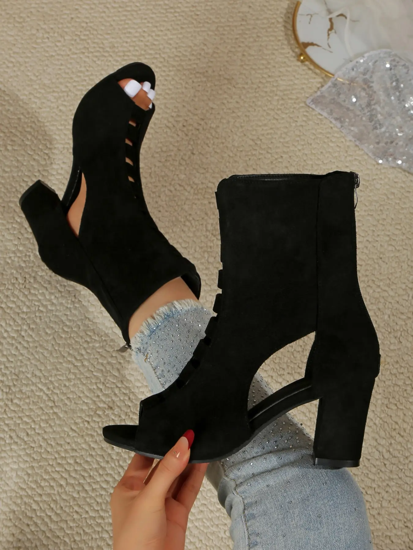 Women Black Suede Cutout Ankle Boots Peep Toe Hollow Block Heel Open Back High Heel Summer Gladiator Booties