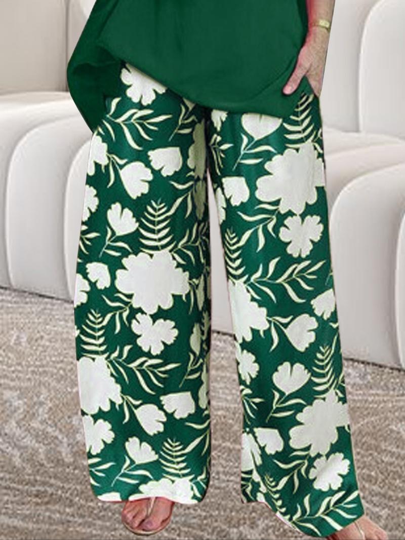 Women's Spring Summer Round Neck Loose Fit Top and Printed Long Pants Casual Set, Comfortable and Stylish for Daily Wear