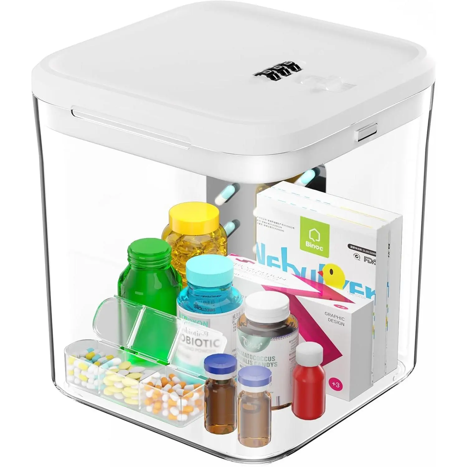 Medicine Lock Box for Safe Medication, Clear Lockable Storage Box for Snacks Food, Phone Lock Boxes with Combination Code for Home/Dorms/Office Storage Lockers (White)
