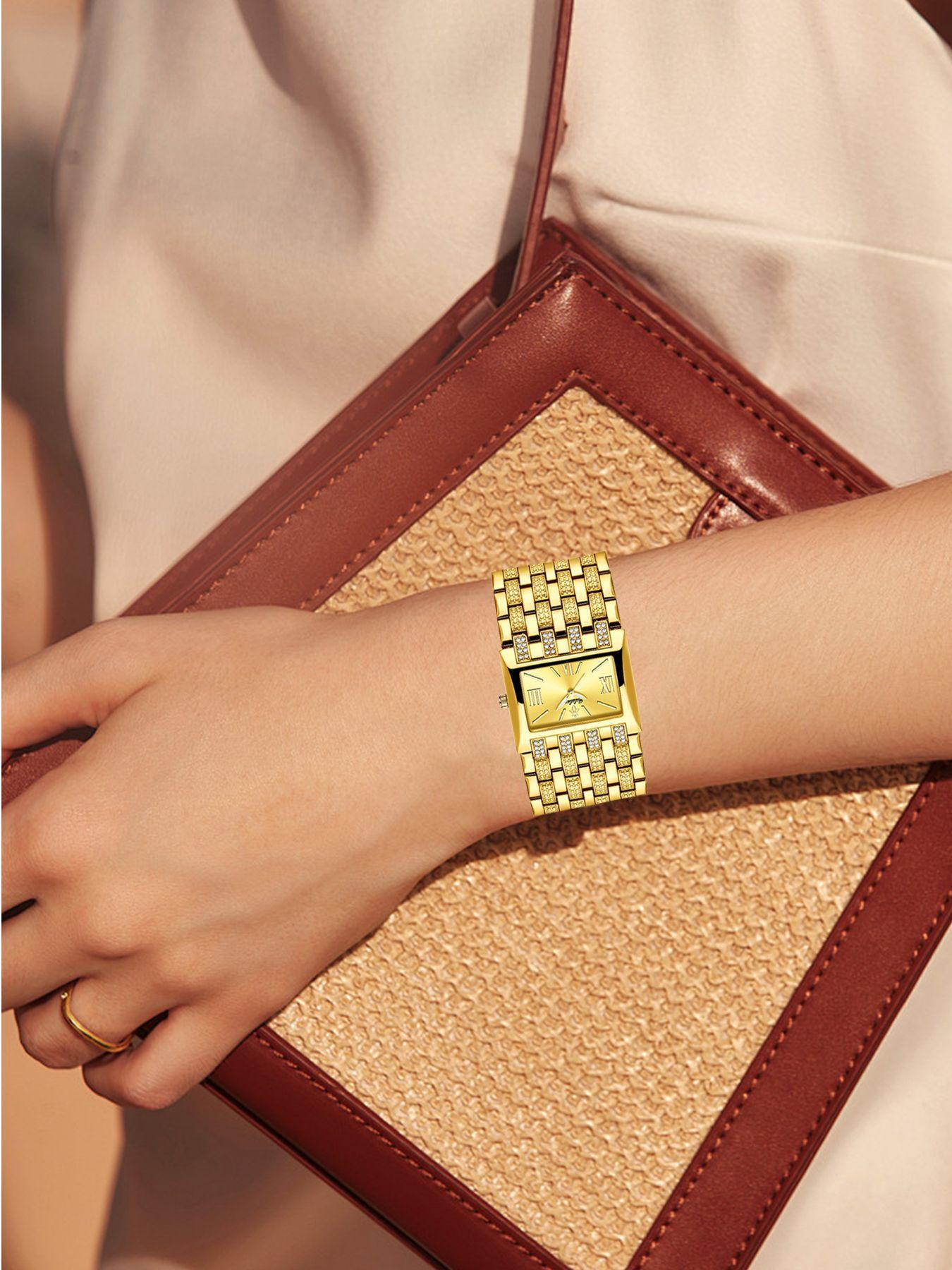 Women's Luxury Gold Square Diamond Watch - Elegant Bling Crystal Encrusted Bracelet with Roman Numerals, Stainless Steel Band, Fashion Dress Wristwatch, Perfect Gift for Her
