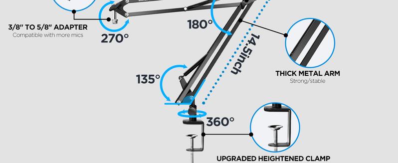 Microphone Arm Desk Mount, Bietrun Upgrade Thick Arm＆Strong Pull Metal Scissor Desk Boom Arm for Blue Yeti/Wave/Snowball/Quadcast/Shure SM7B/SM58/MV7, with 3/8" Plug, 3/8" to 5/8" Adapter, Mic Clip
