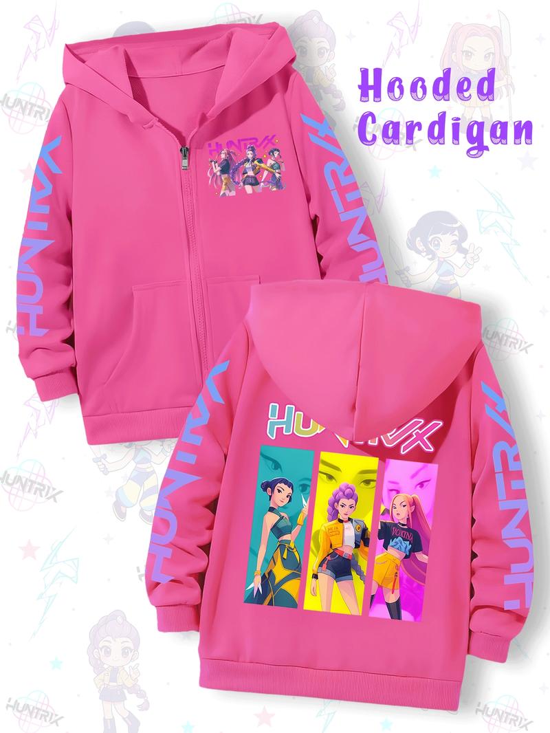 Girls' Kpop Demon Hunters Graphic Casual Hoodie Jacket, Cartoon Print Zipper Sweatshirt, Fall & Winter Fashion, Comfortable Kids Clothing