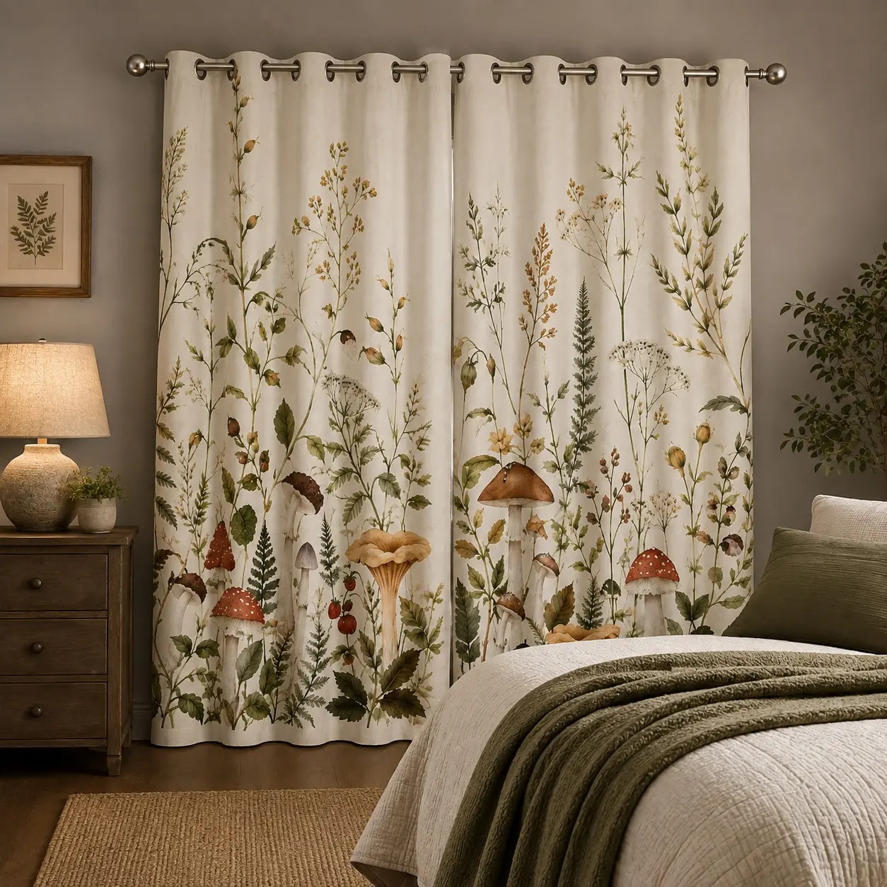 2-Panel Fall Woodland Mushroom Blackout Curtain Set, Grommet Botanical Forest Drapes, Rustic Cottagecore Autumn Window Decor for Bedroom, Thanksgiving Harvest Season Home Textiles