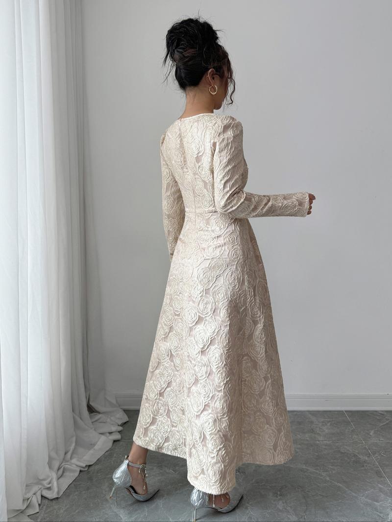 Elegante Vintage Rose Embroidered Square Neck Long Dress, Waist Cinched Skinny Party Date Night Gown, Women's Fashion