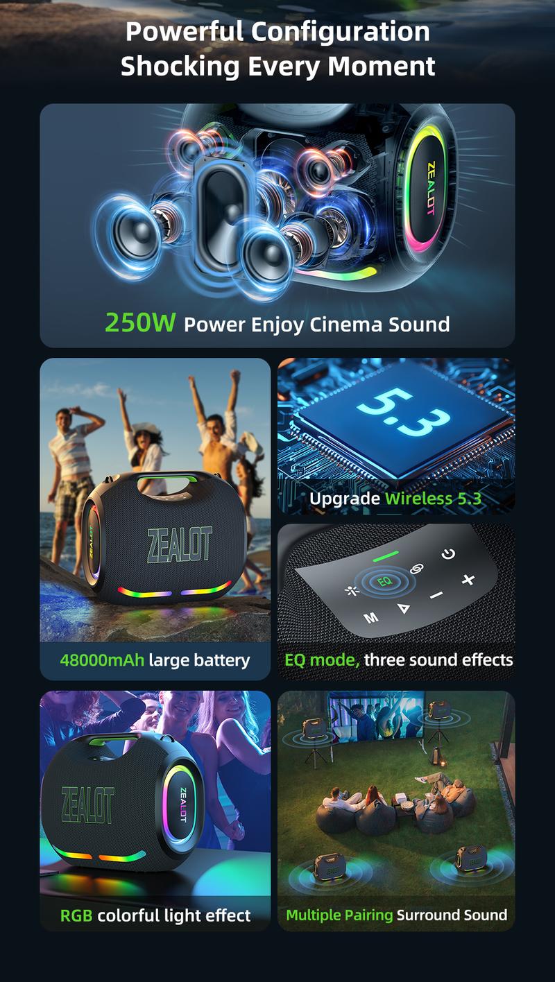 250【ZEALOT】Portable wireless speaker high ,fidelity sound and audio, desktop Bluetooth speaker surround sound, TWS pairing, 48000 long battery life, supports USB/TF card/AUX/BT smartphones. Ideal choice for family/car/party/camping/gift giving