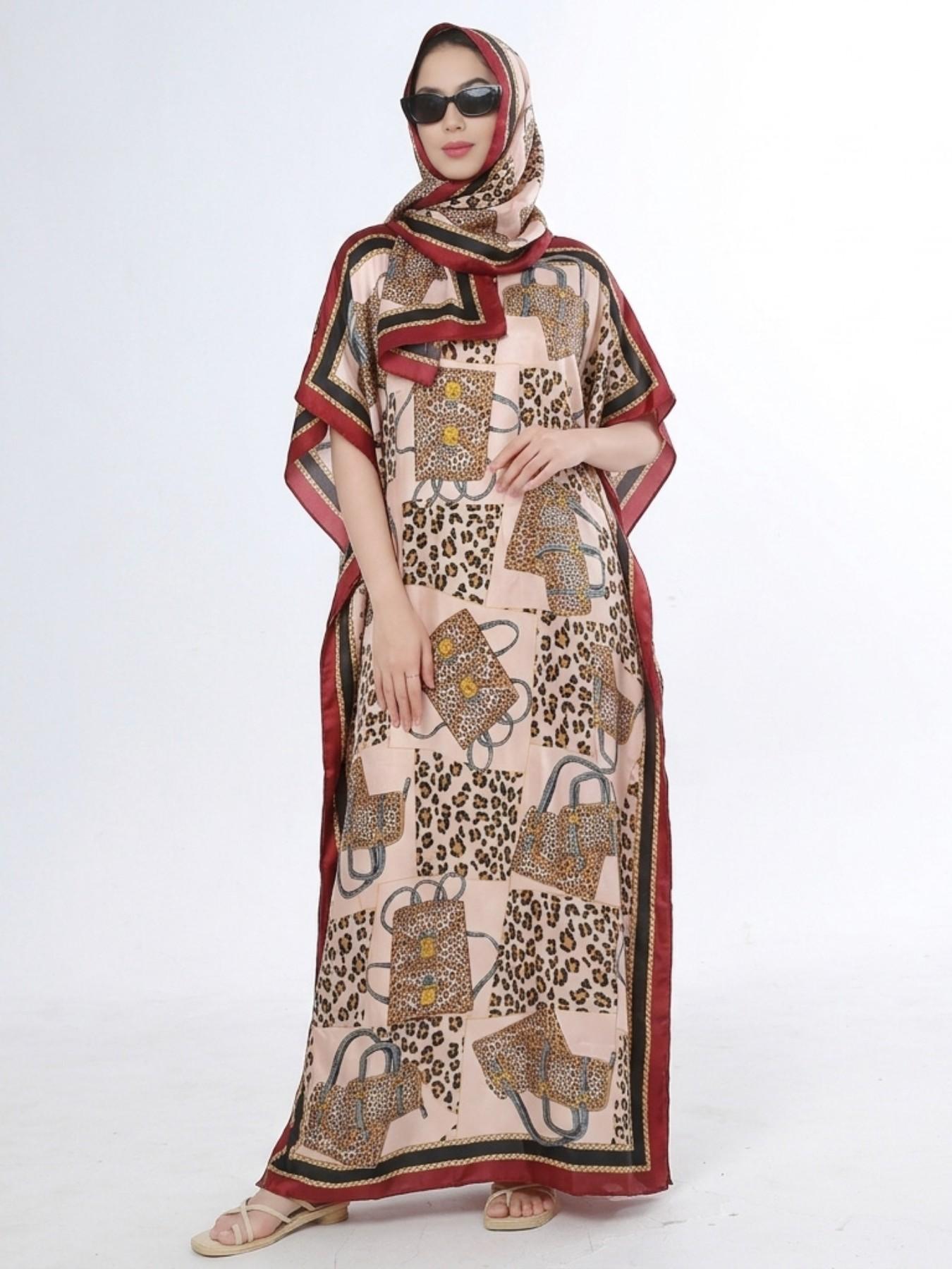 Women's Elegant Dynamic Print Silk-Feel Long Robe & Poncho Kaftan Set, Loose Satin Muslim Islamic Clothing Set Fashion Short Sleeve Maxi Dress & Scarf Two Piece Sets, Lightweight Going Out Outfit