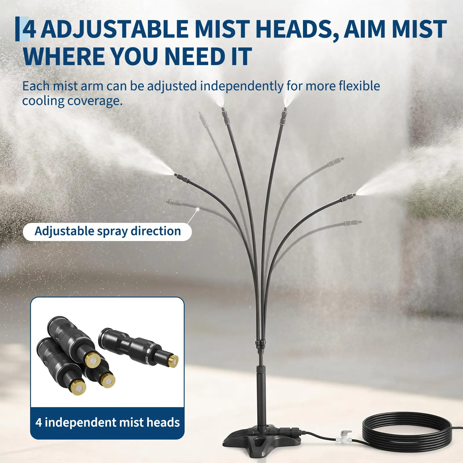 OP-Freestanding Outdoor Patio Misting Cooling System, 26.2 ft Portable Mist Tower - ABS Construction - 10 m (32.8 ft) Inlet Hose - 5 Connectors, Black