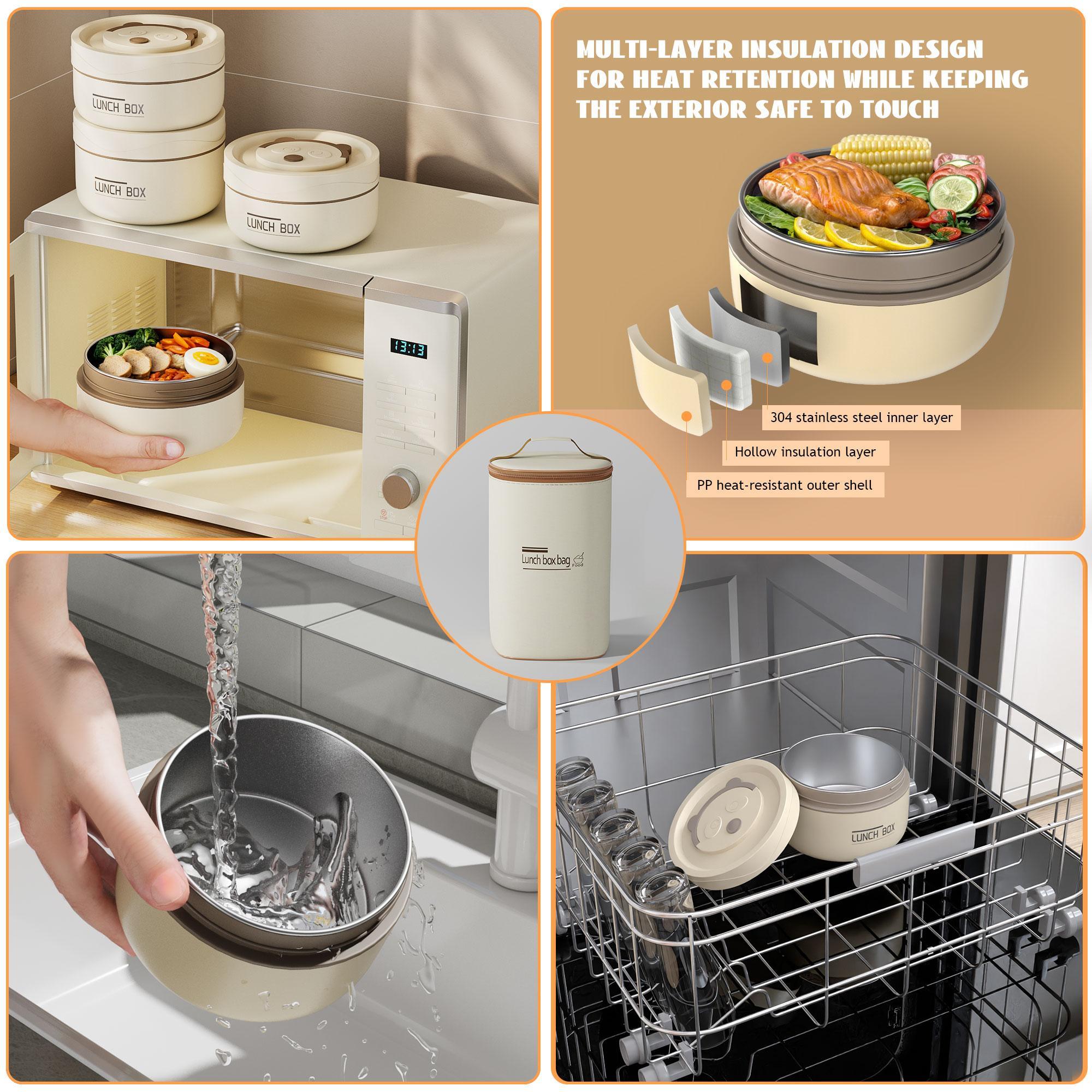 3Pcs 4Pcs Insulated Bento Box Portable Stainless Steel Food Container Round Microwave Safe Stackable Leakproof Thermal Vacuum Wide Mouth Food Jar Electric Lunch Box With Beige Insulated Bag For Adult Men Women Office Travel