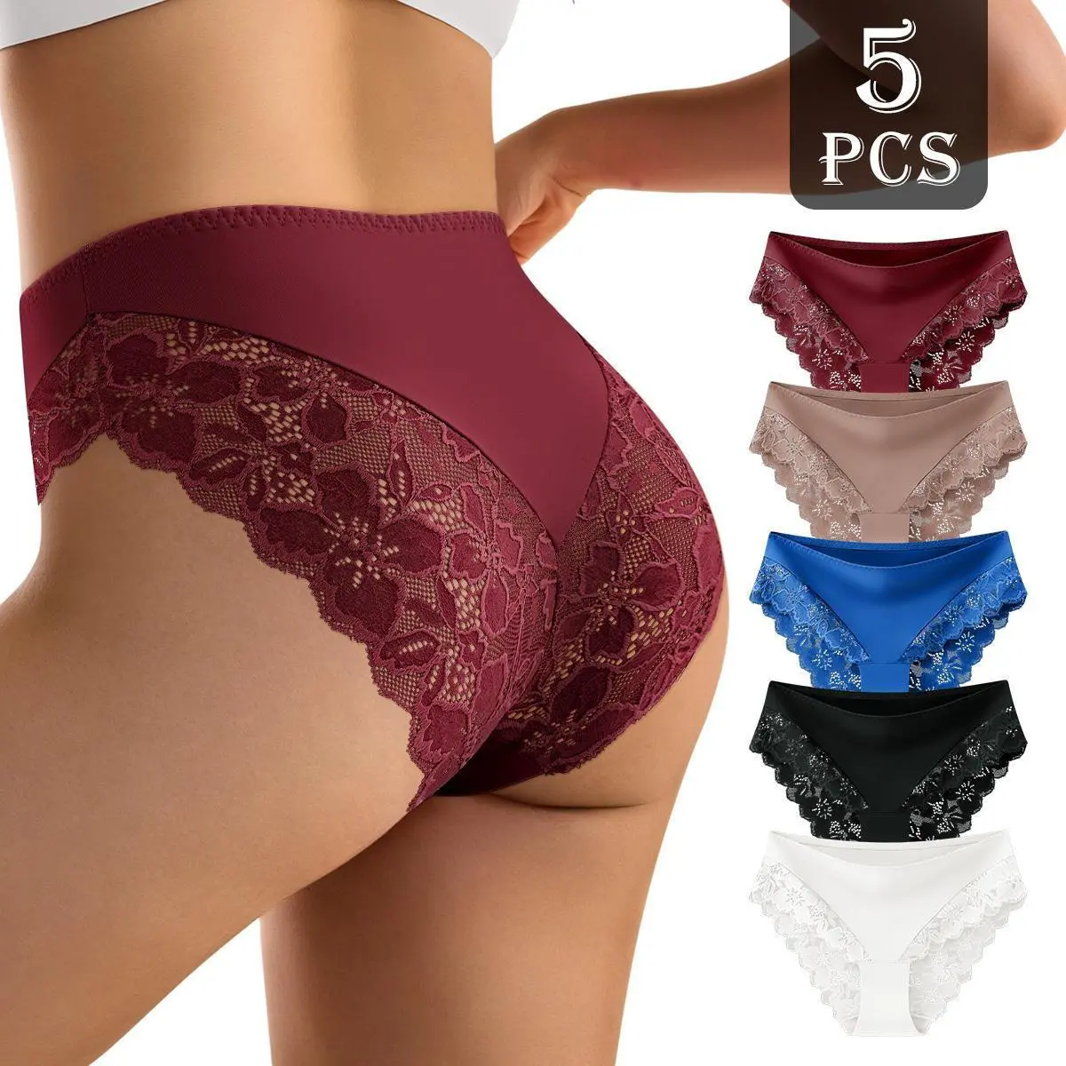 5‑Pack Women's Lace Briefs, Seamless Sexy No‑Show Full‑Coverage Lightweight Seamless Panties, Soft Smooth Breathable Skin‑Friendly Fashion Everyday Underwear, S‑XXL
