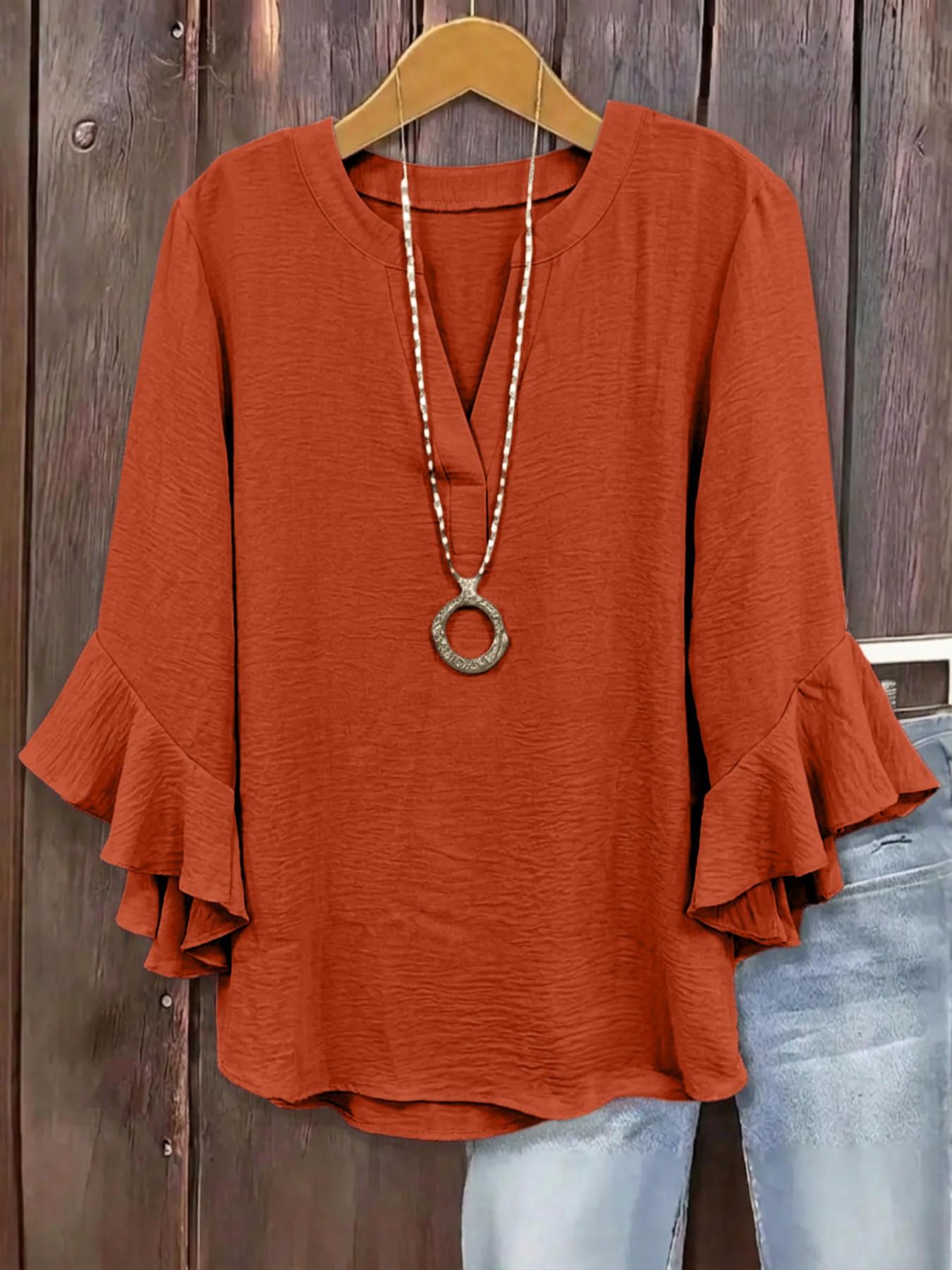 Plus Size V-Neck Ruffled Sleeve Textured Blouse, Loose Fit Y2K Summer Top, Trendy Elegant Flounce Detail, Comfortable Casual Everyday & Party Wear, Blouses Shirts Tops