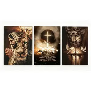 3-Count Wood-Framed Canvas Religious Wall Art, Ready-to-Hang Salvation & God Series Cross Print, Waterproof Bible Decor for Home