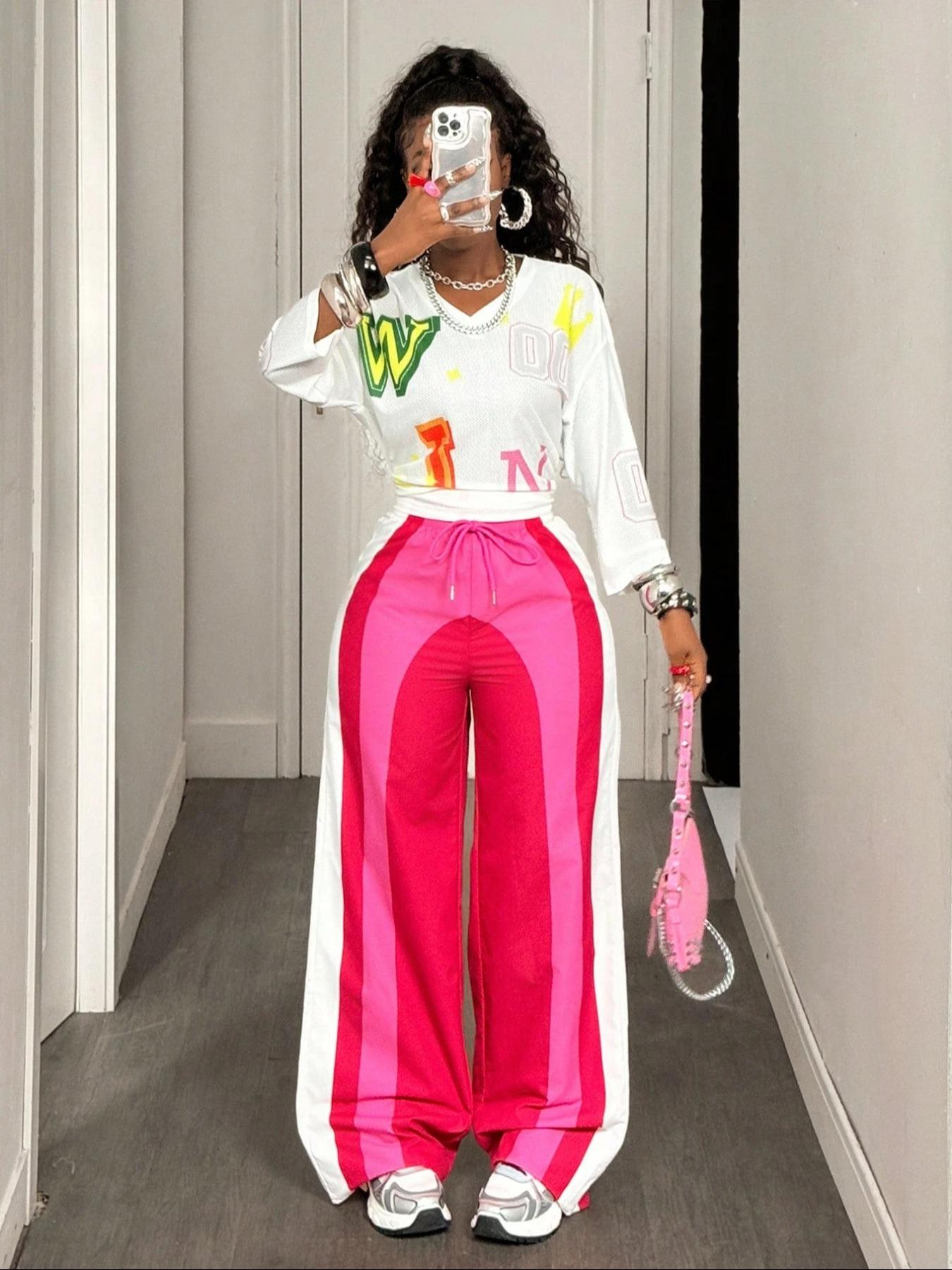 Women's Fashion Summer Thin Colorblock Print Sport Pants, Loose-Fitting Wide Leg Knit Sports Trousers, All Seasons Casual Wear