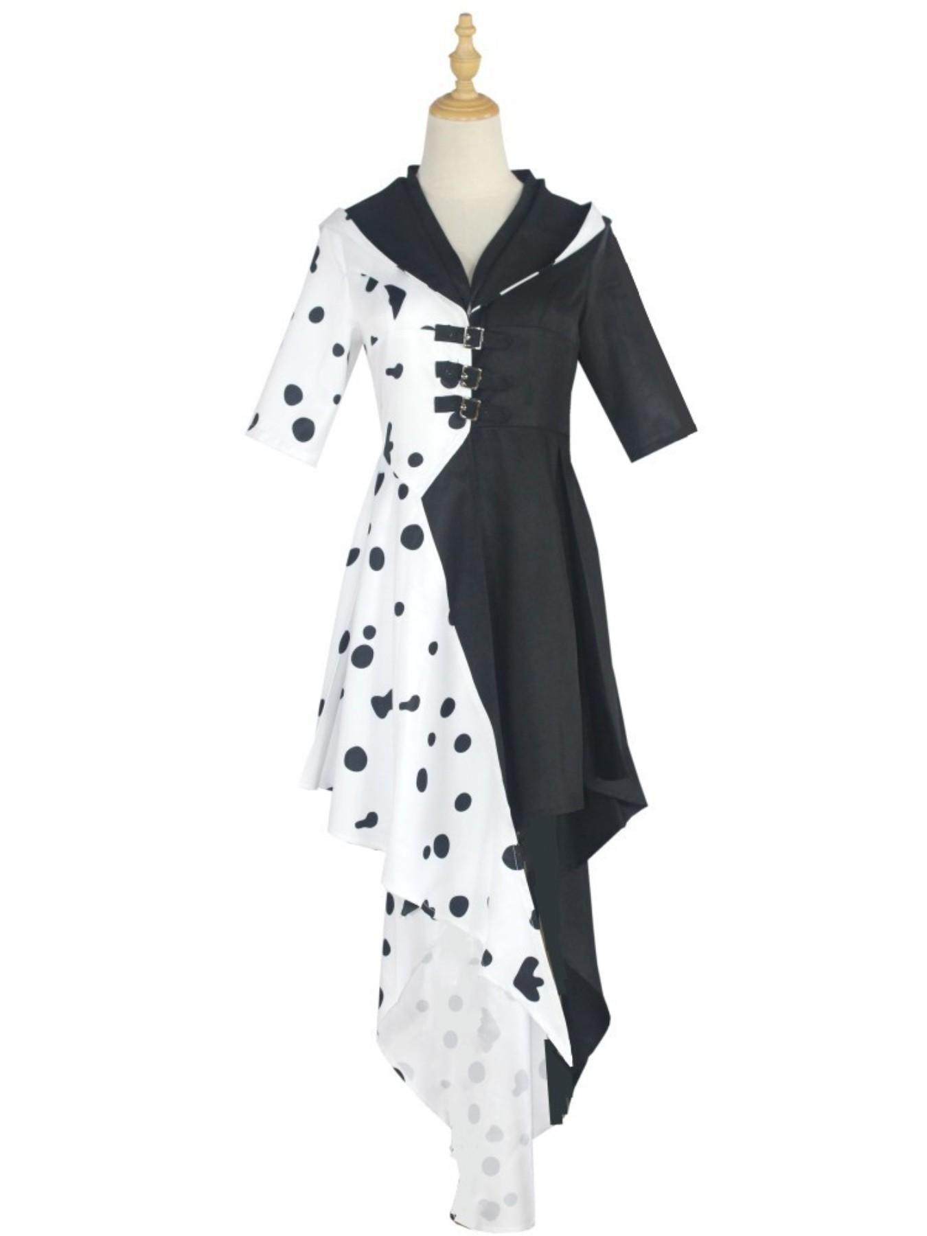 Movie 101 Loyal Dogs Cosplay Cruella De Vil Costume, Adult Stage Performance Dress, Ditsy Floral Slim-Fitting Romper