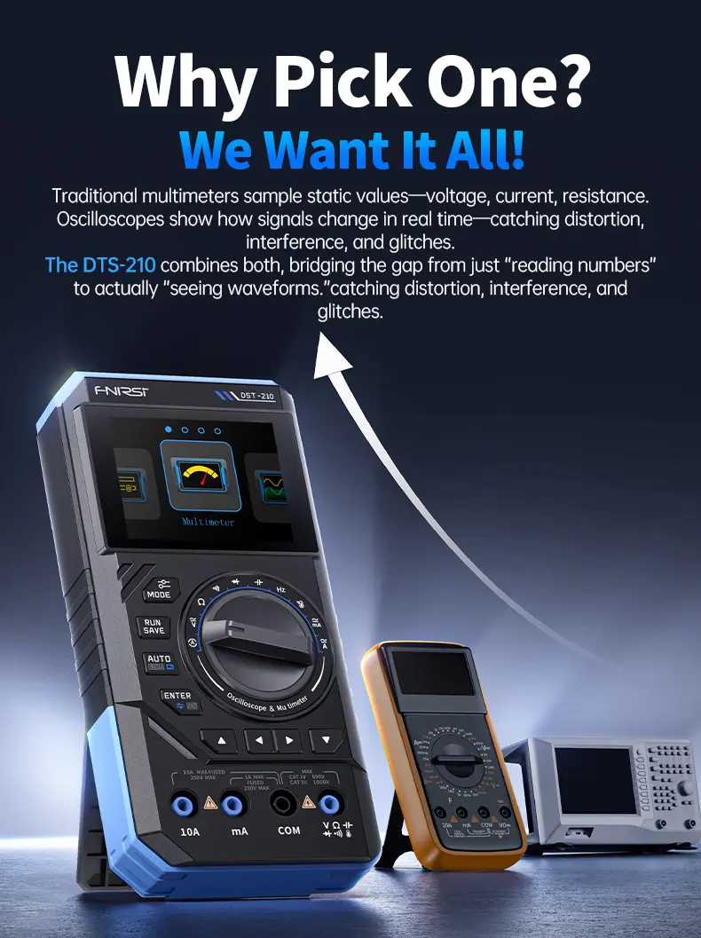 FNIRSI DST-210 Series 3-in-1 Portable Electrical Measuring Tool - Digital Smart Multimeter, 10MHz Scope, Multifunctional Oscilloscope, Signal Source, 2.8-Inch Color TFT Screen, Waveform Export, 400V Max, 19999-Count, 3000mAh, 48MSa/s for Electricians