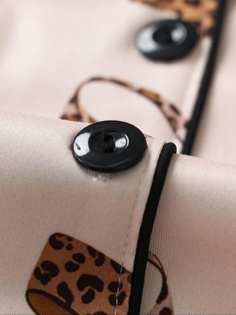 Women's Leopard Bow Print Sleepwear Set, Casual Fitted Short Sleeve Top & Loose Comfortable Shorts, Elegant Ladies' Nightwear