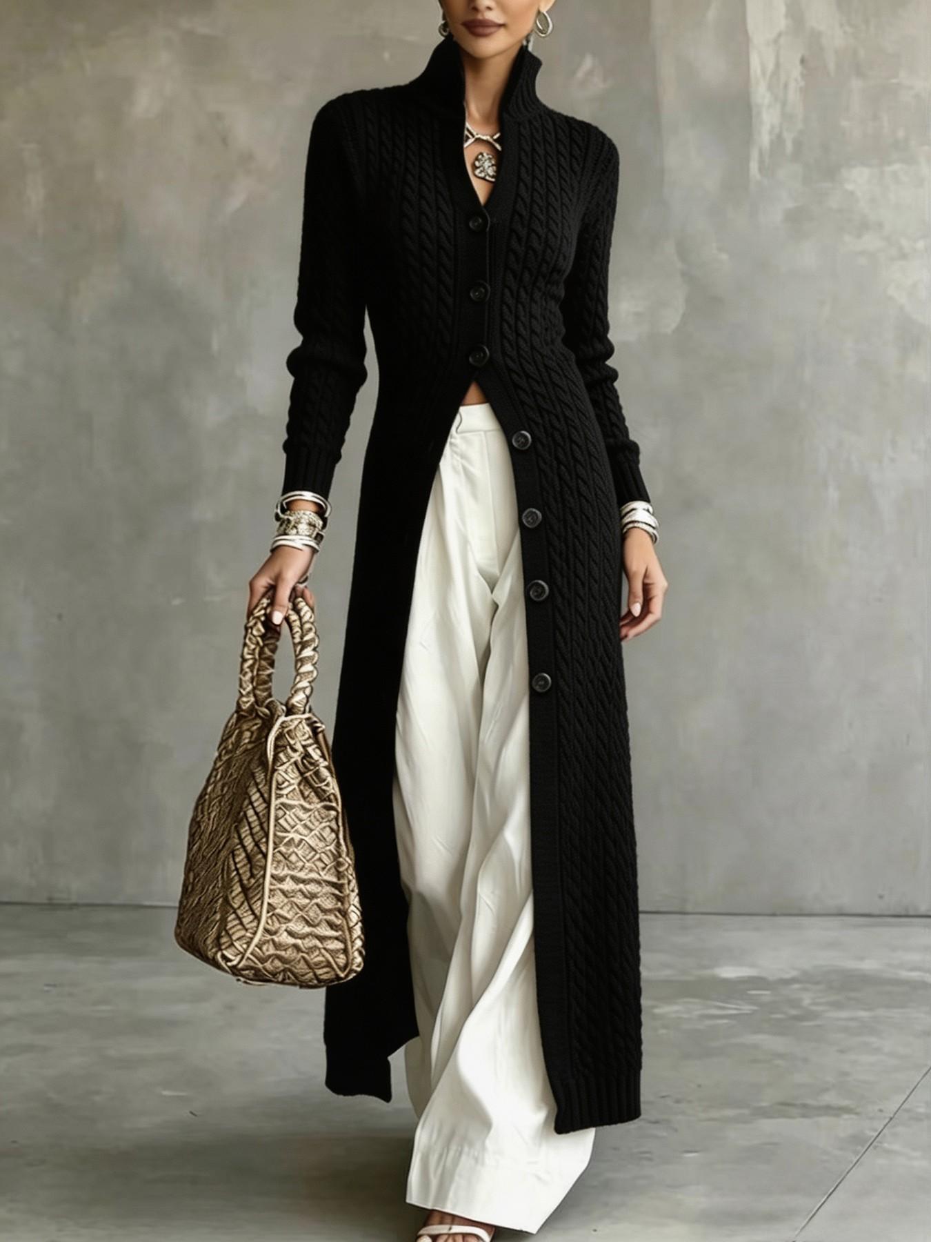 Women's Cable Knit Long Cardigan, Stand Collar Single Button Fall Winter Commute Jacket, Slim Fit Elegant Outerwear for Daily Wear Knitwear