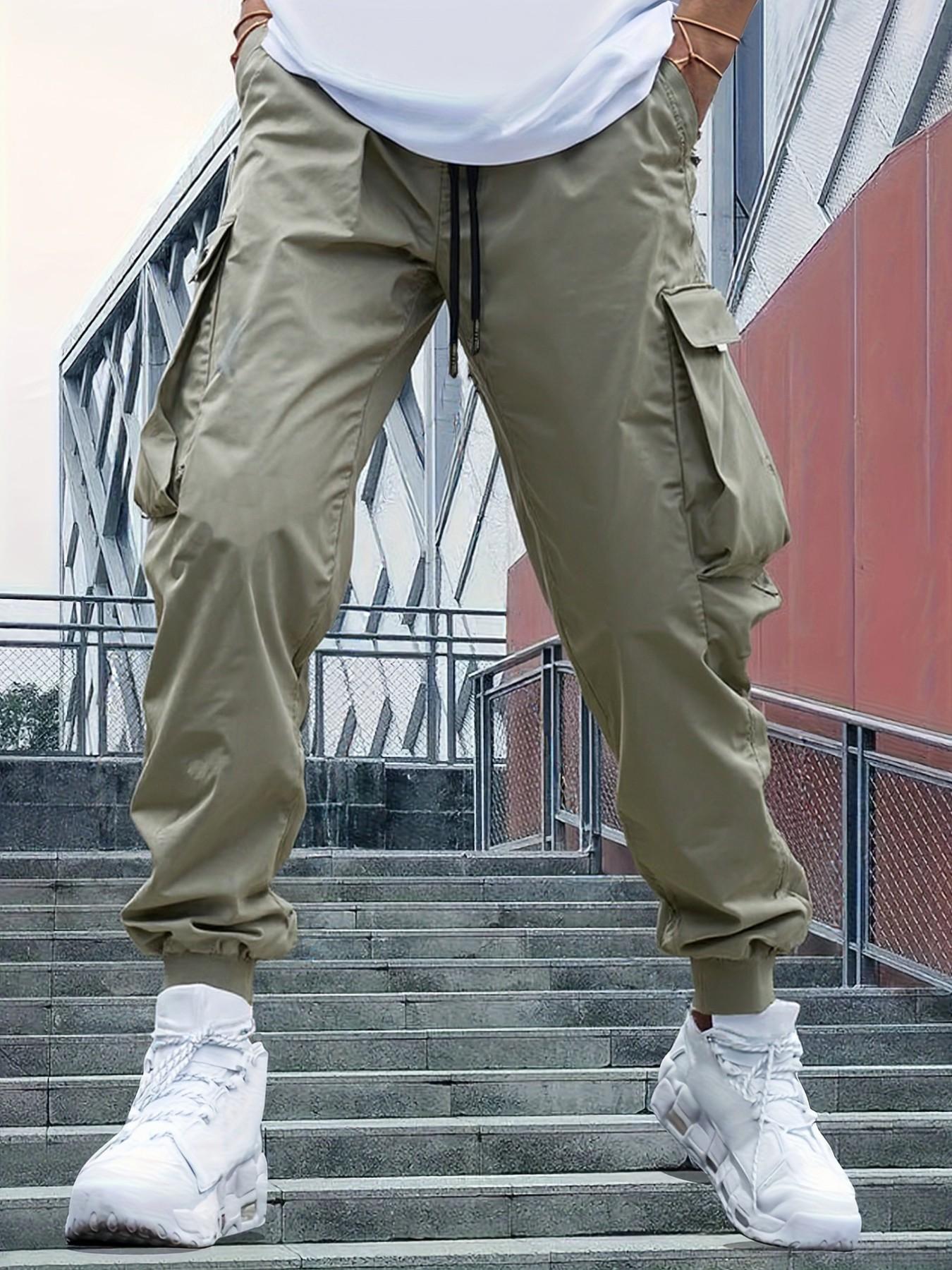 Men's Versatile Work Pants, Plain Color, Durable Utility Pants, Practical Large Pockets, Fashion Drawstring, Comfortable Fit, Stylish, All Seasons