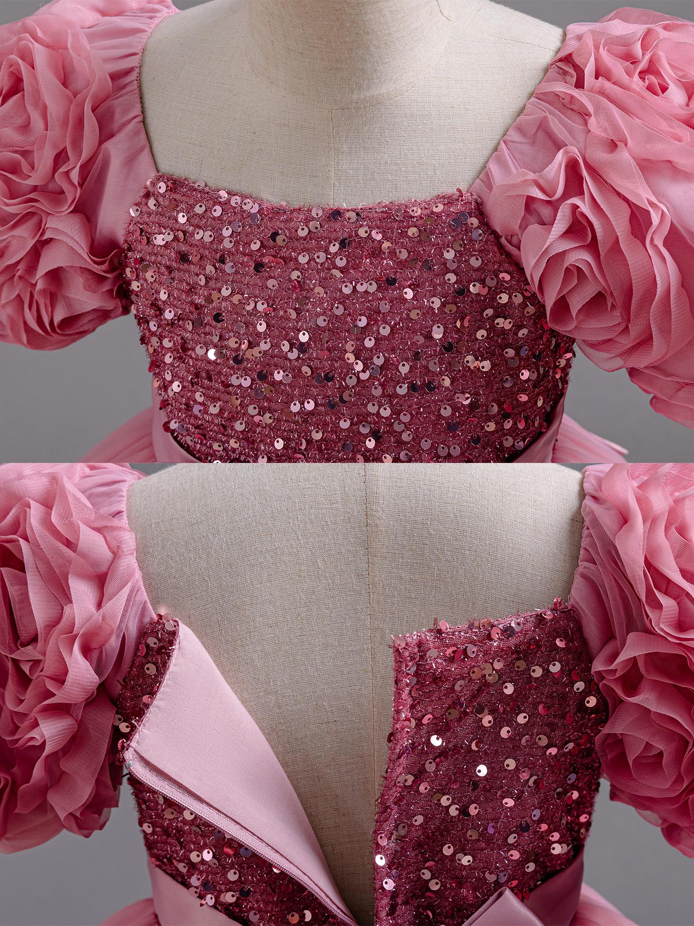 Girls Short Sleeve Party Dress Floral Embroidery Puffy Tulle Bow Flower Girl Princess Gown