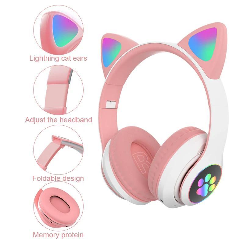 Flash Lamp Cute Cat Ears Headphone Bluetooth5.0 Stereo With Mic Support TF Card Wireless Kids Girl Earphone Birthday Gift btheadphones