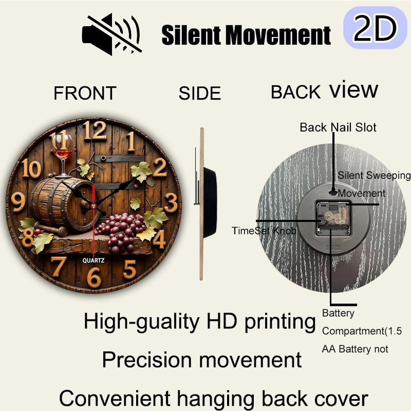 2D flat design. 1 piece set. Vintage Winery Wine Barrel Grape Wall Clock, Silent Decorative Wall Clock, Creative Wall Clock, Suitable for Bedroom, Living Room, Office Decoration, 25/30cm (excluding AA batteries), 2D Flat Version