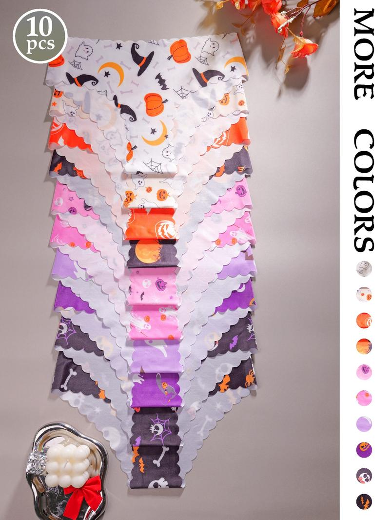 Women's Leopard & Halloween Print Underwear Set, Breathable Seamless Mid-Waist Thong Panties, Casual Fitted All-Seasons Lingerie