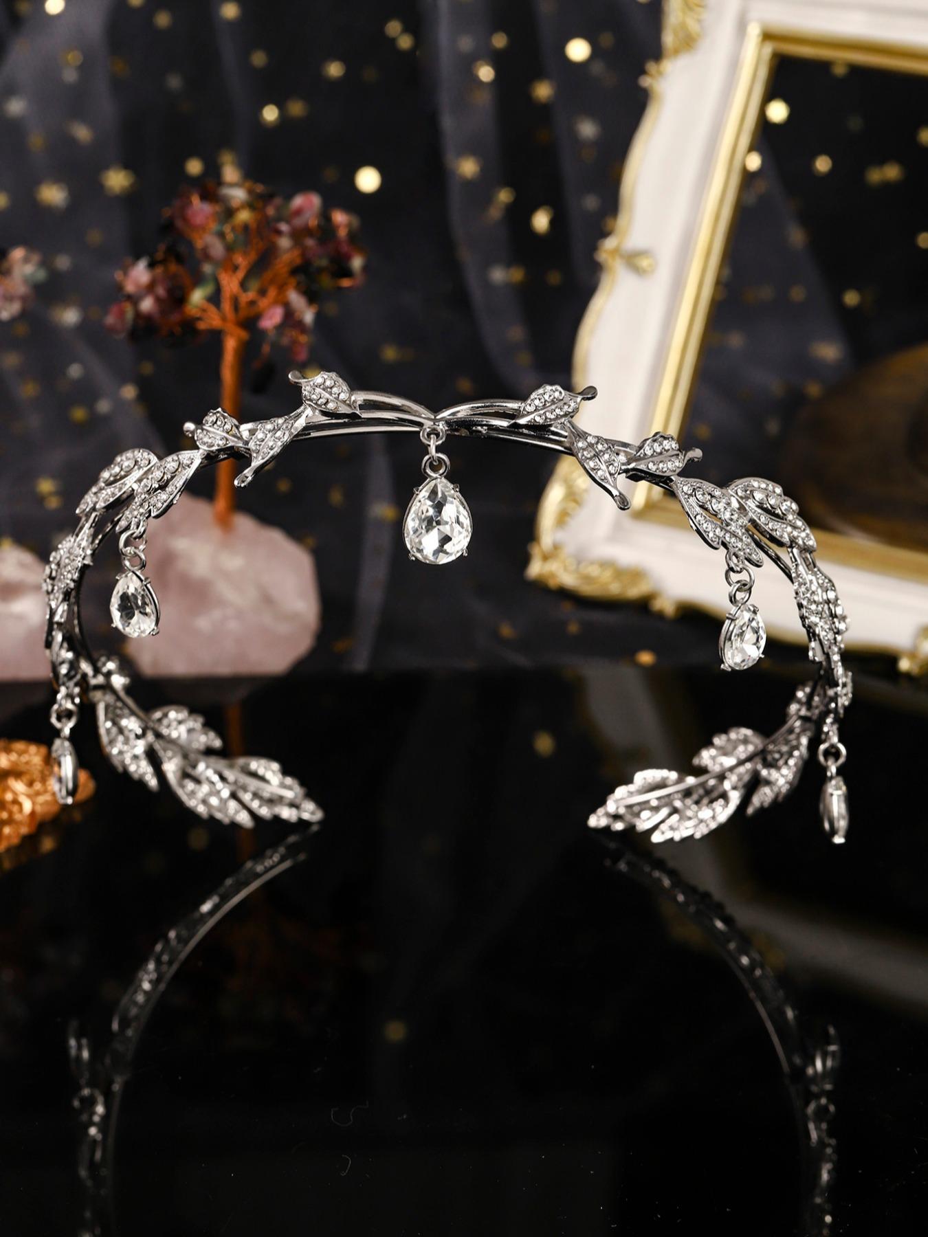 Vintage Creative Alloy Rhinestone Leaf Water Drop Pendant Headpiece Crown, Adjustable Bridal Party Accessory, Holiday Gift