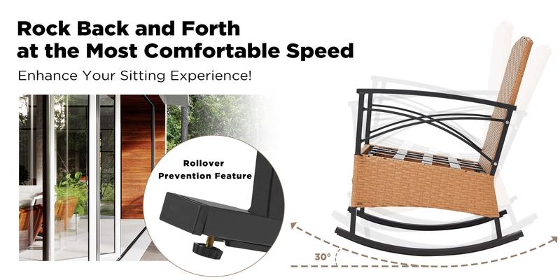 EROMMY 3-Piece Bistro Set: Outdoor PE Rattan Rocking Chairs with Cushions and Coffee Table, Patio Rocker Chair Set for Porch and Backyard Wooden Furniture