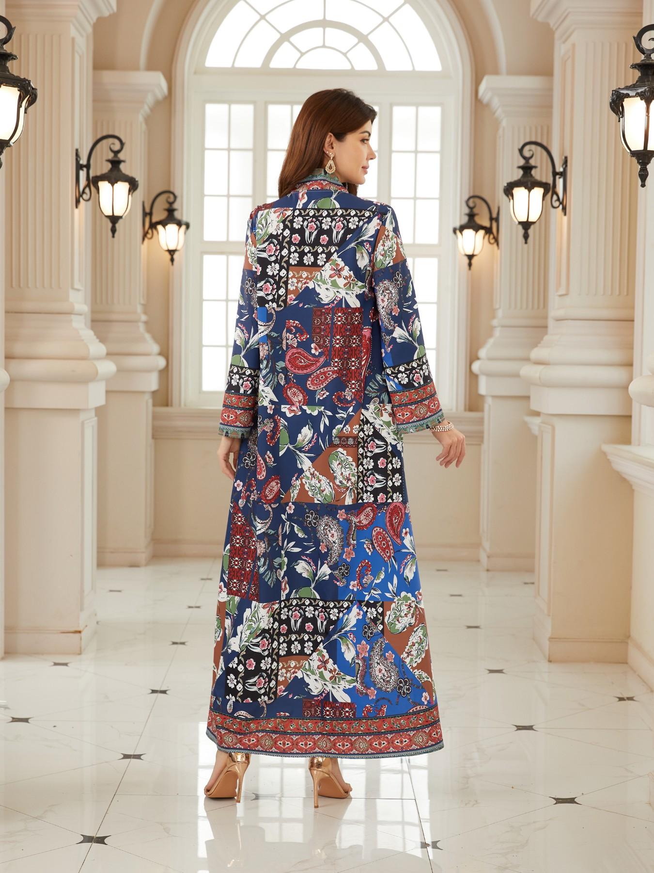Women's Blue Printed Embellished Long Robe, Dubai Style Kaftan Evening Gown, Eid Al-Fitr Festival Dress, Abaya with Full Rhinestones