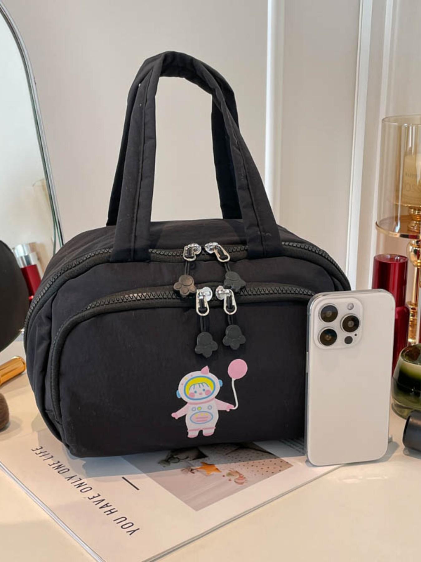 Cute Astronaut Print Multi-Compartment Makeup Bag, Waterproof Nylon Material, Travel Portable Cosmetic Organizer, Handbag with Multiple Pockets